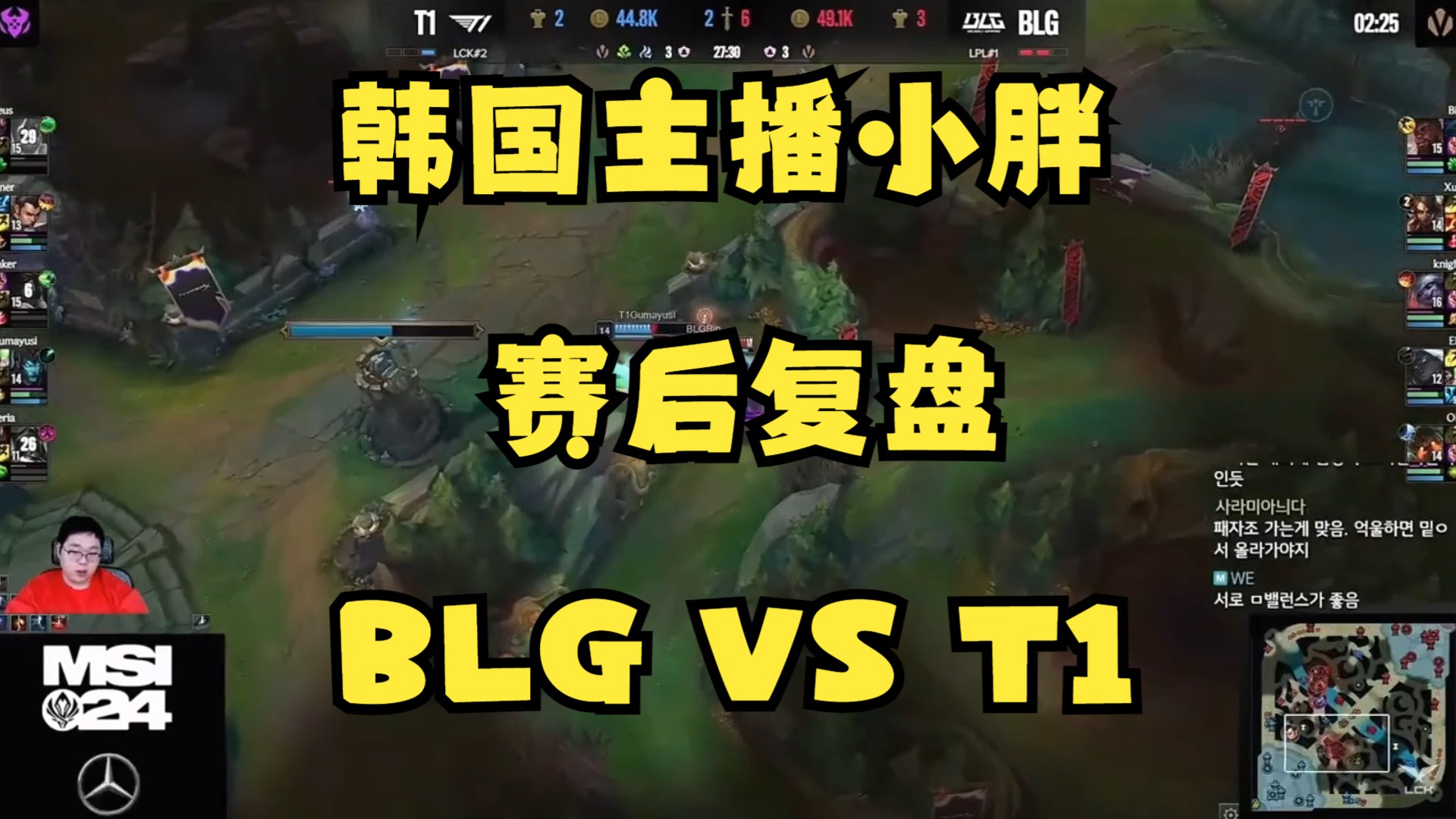 韩国主播小胖对BLG战胜T1进行赛后复盘，本来预测BLG 3-2 T1，Faker的第一局和第四局很失望，Gumayusi中路和塞纳换血很致命