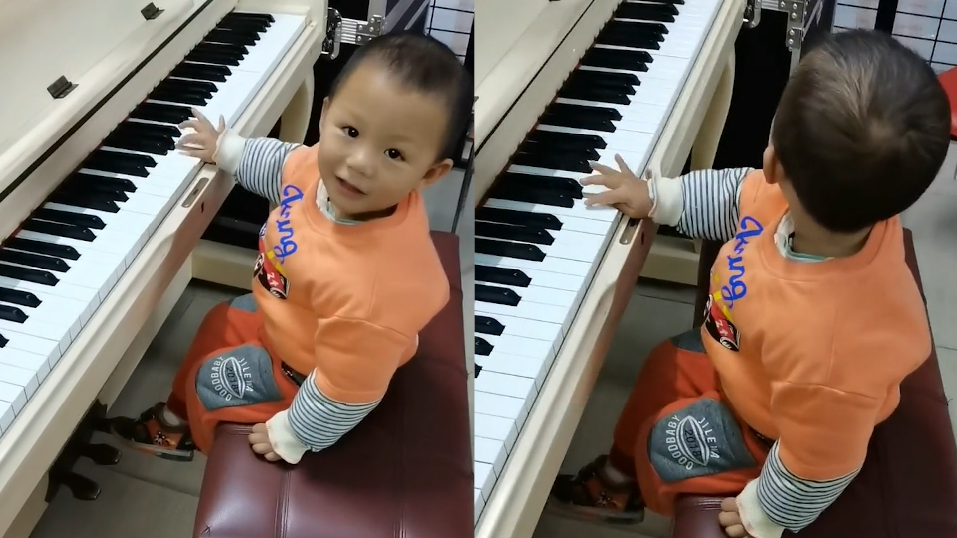 1岁宝宝随性弹奏《小星星》，全程不看琴键单手操作：把钢琴玩具