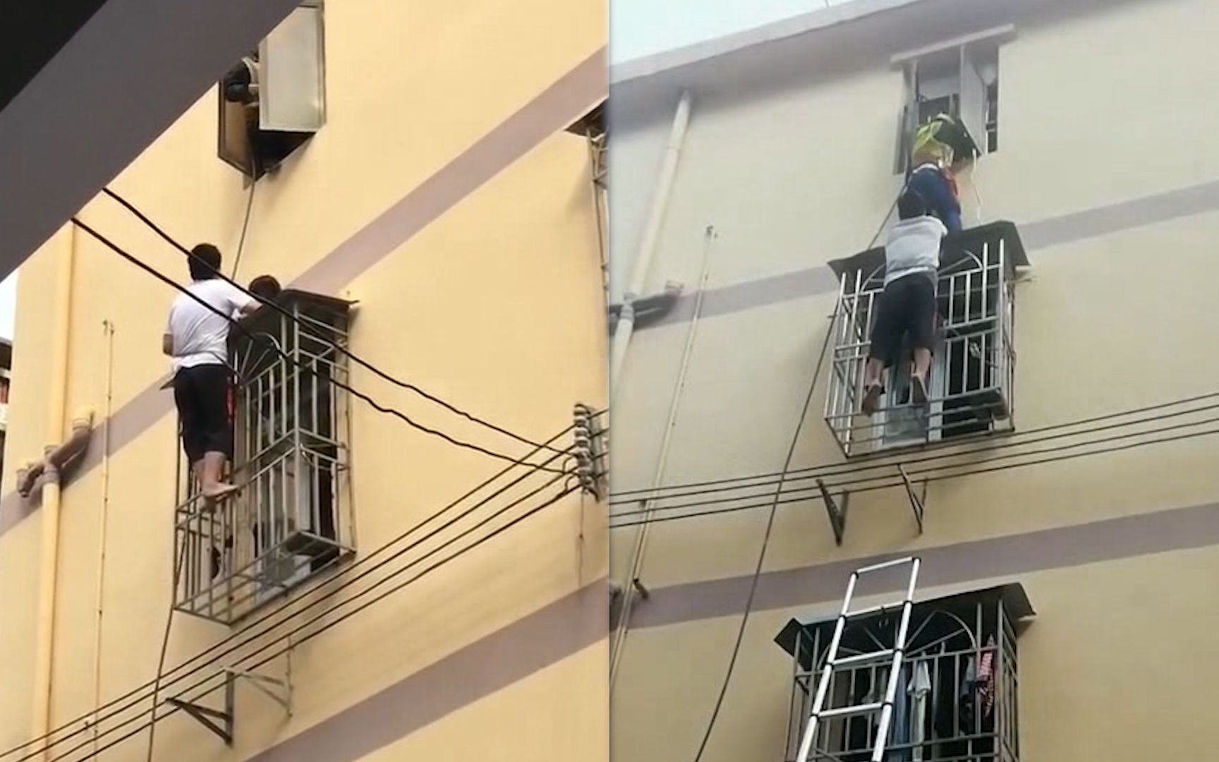 2岁女童钻出防盗网四楼摔到三楼顶掤，热心市民徒手攀爬三楼救人