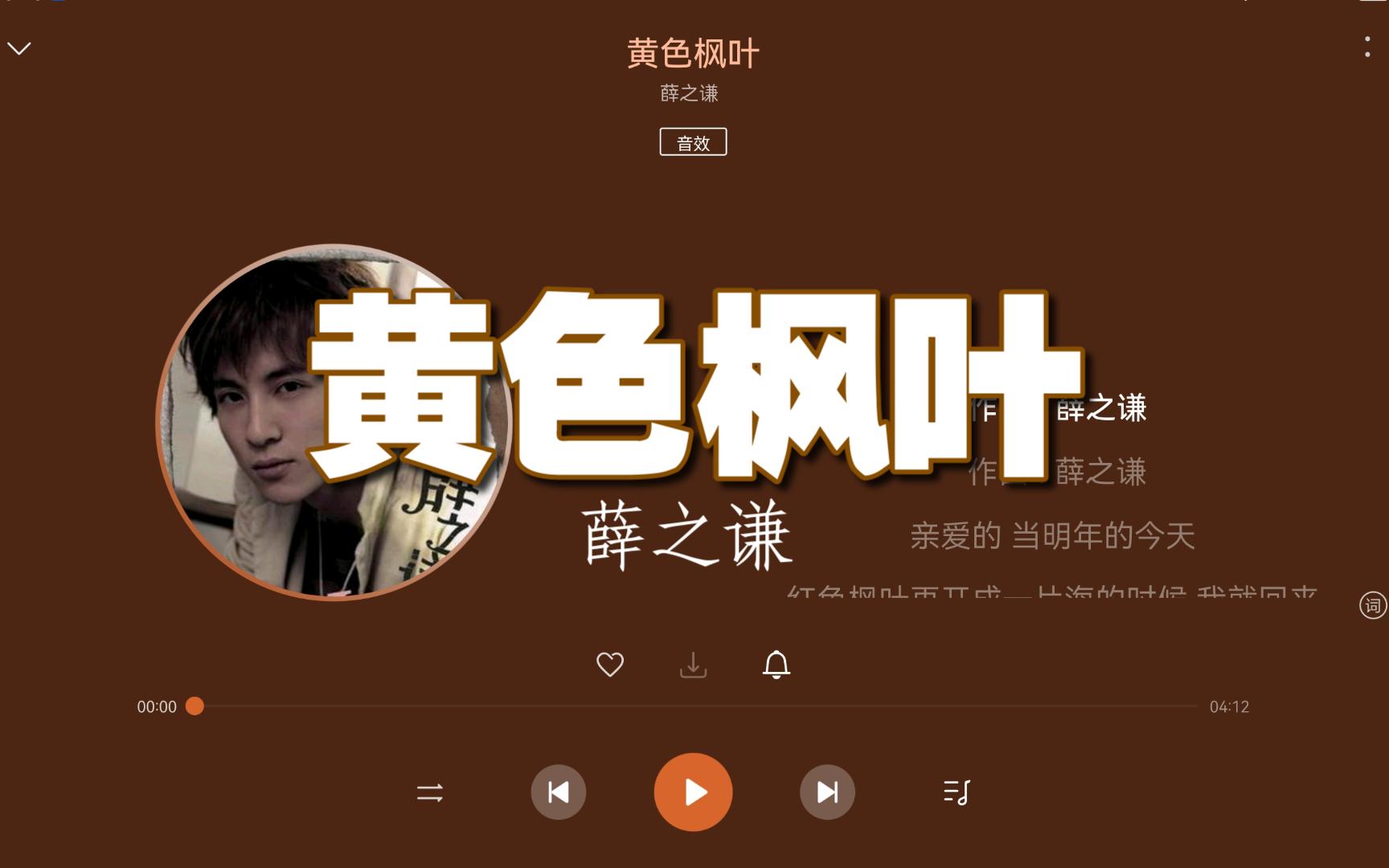 【无损Hi-Res】薛之谦《黄色枫叶》“我知道你的眼泪早已流成海，当鲜血慢慢溅透了期待，利剑刺入胸口视线逐渐模糊，为何还能看见你容颜”-4K