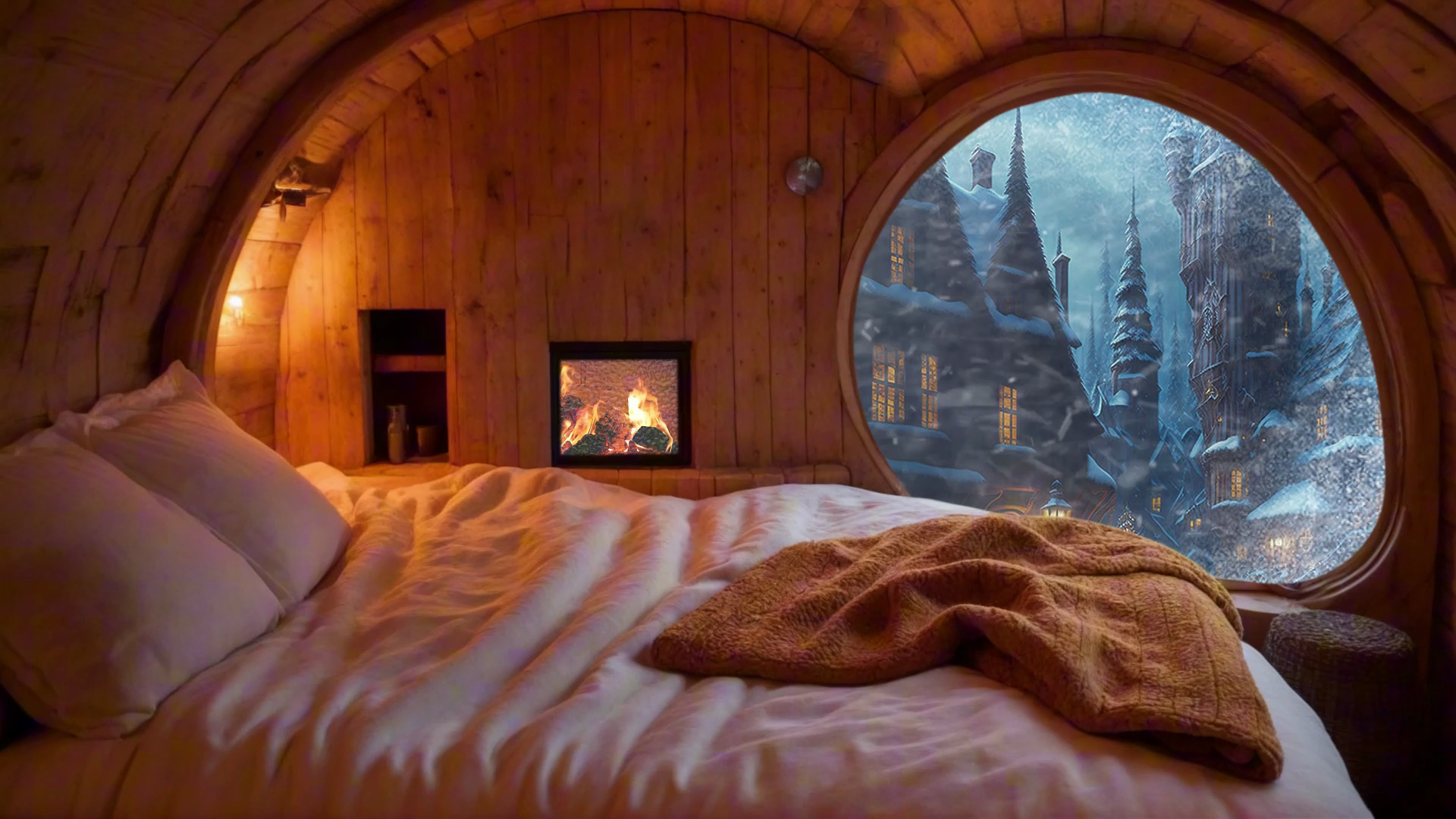 在暴风雪夜小镇上，舒适又温暖的小屋，有壁炉和风雪声