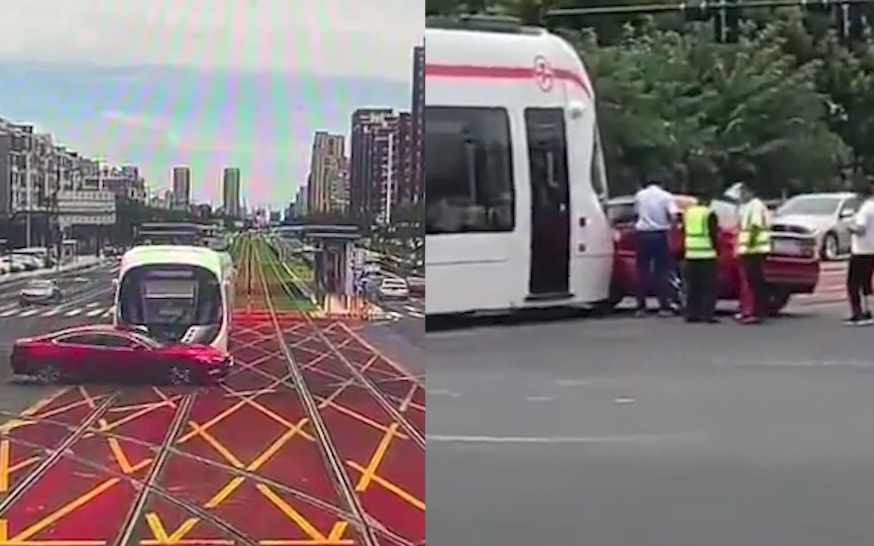 红色轿车转弯时与有轨电车相撞 轿车一侧瞬间被撞扁 监控现场曝光
