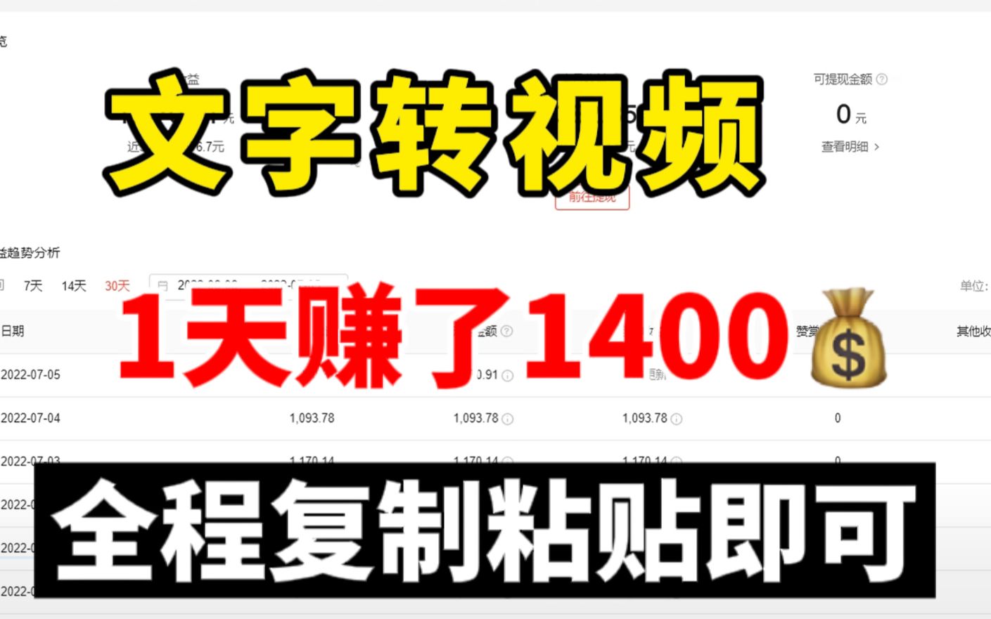 文字转视频赚钱,1天挣了1400+,全程复制粘贴,适合所有人!哔哩哔哩bilibili