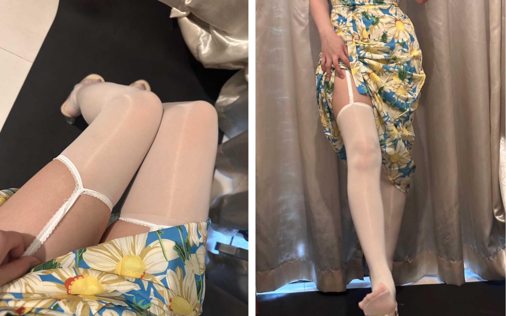 White stockings and clear heels with a sun dress.