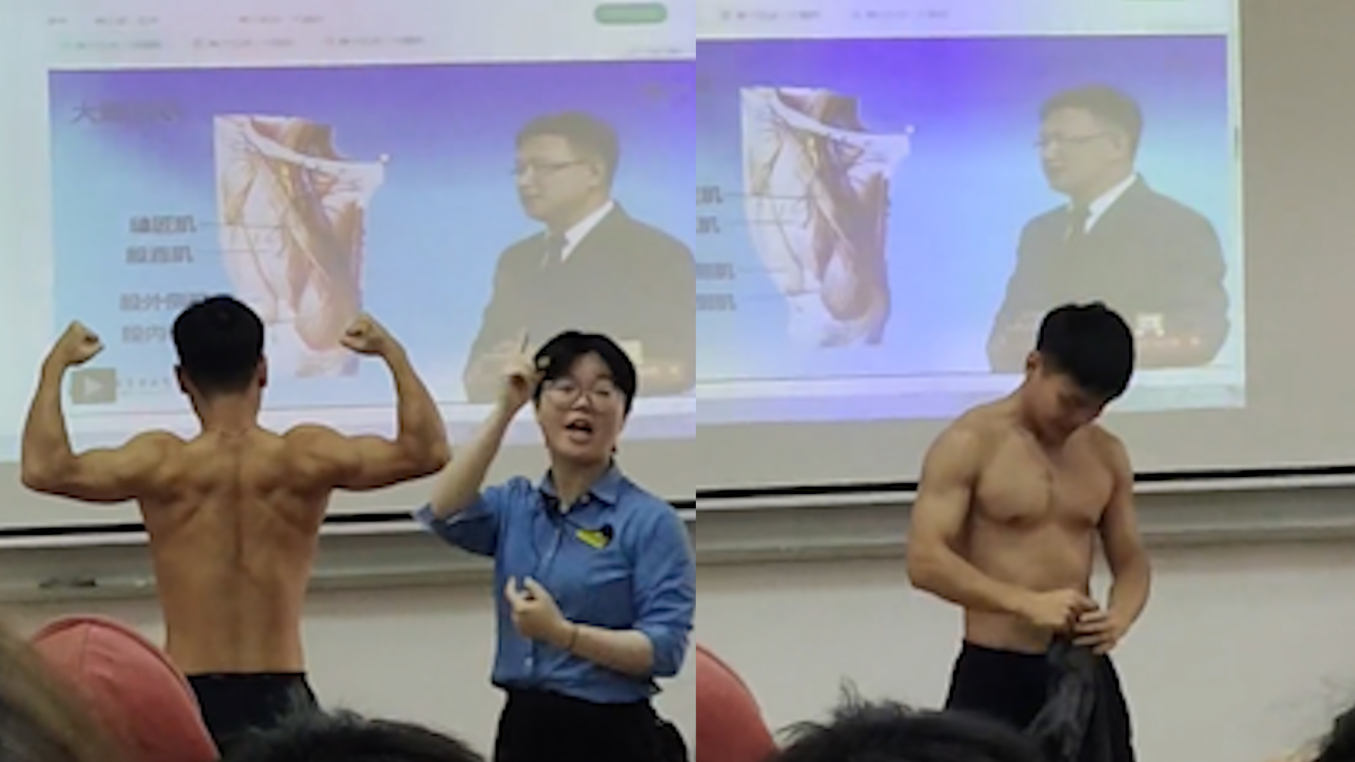 大学生被老师叫上台展示肌肉，男生尖叫女生害羞：获得择偶优先权