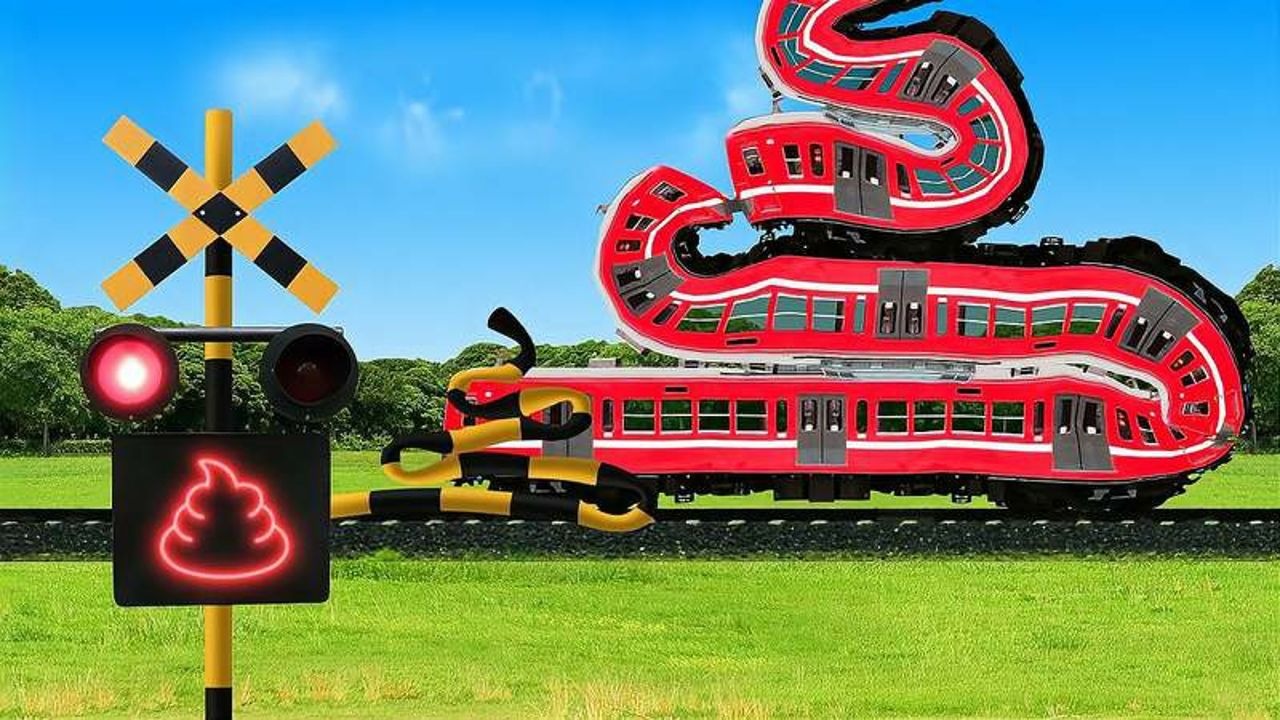 趣味动画：行驶在铁道上的小火车，根据红绿灯指示变形