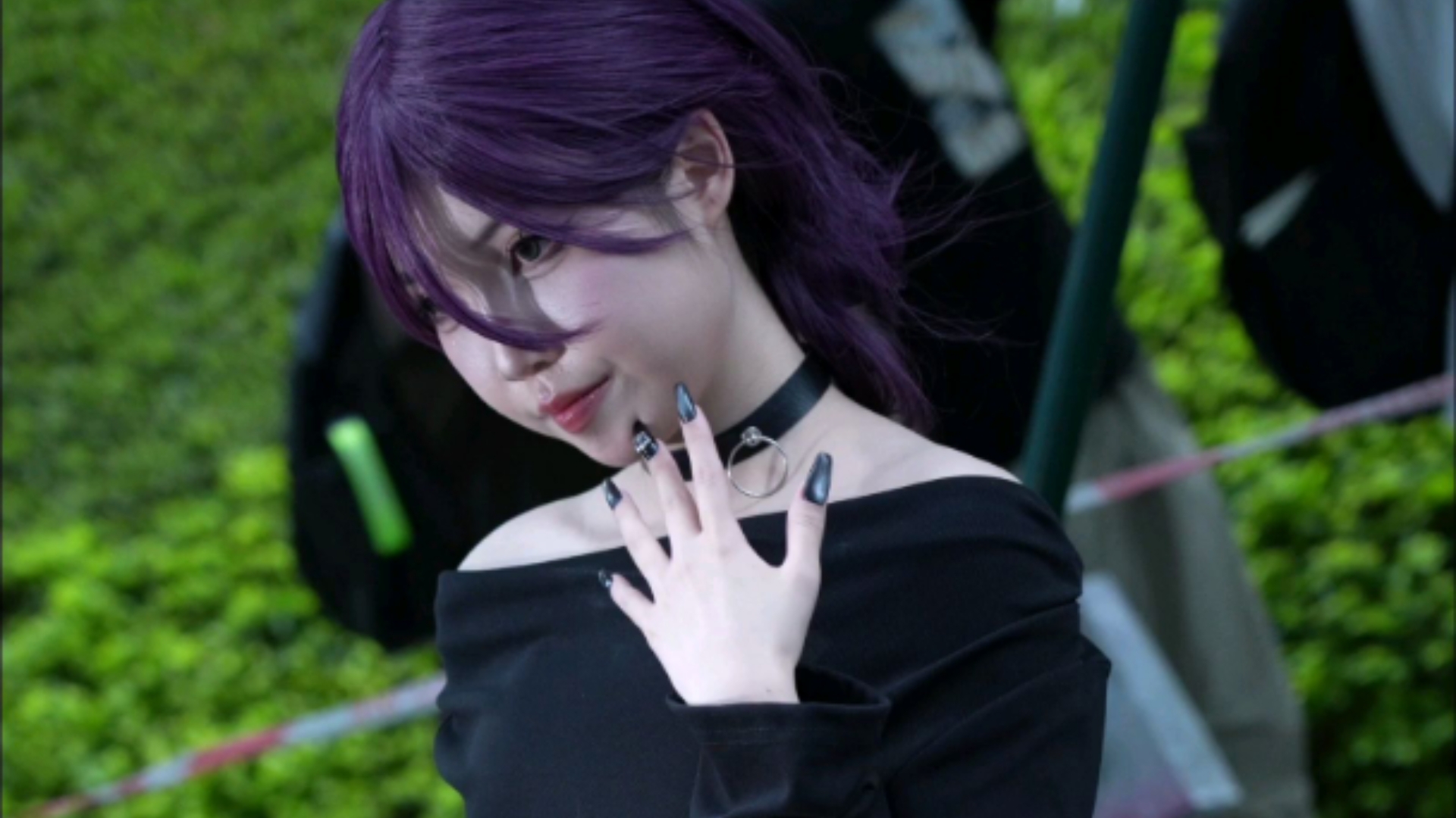 [Skinny White Long] - Purple Hair One Shoulder Dress + High Heel Black Silk