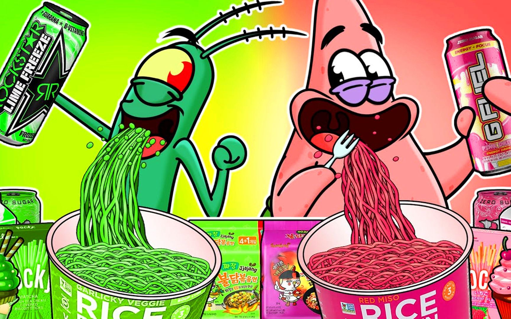 美食动画：痞老板VS派大傻，绿色拉面VS粉红色拉面，你喜欢谁？