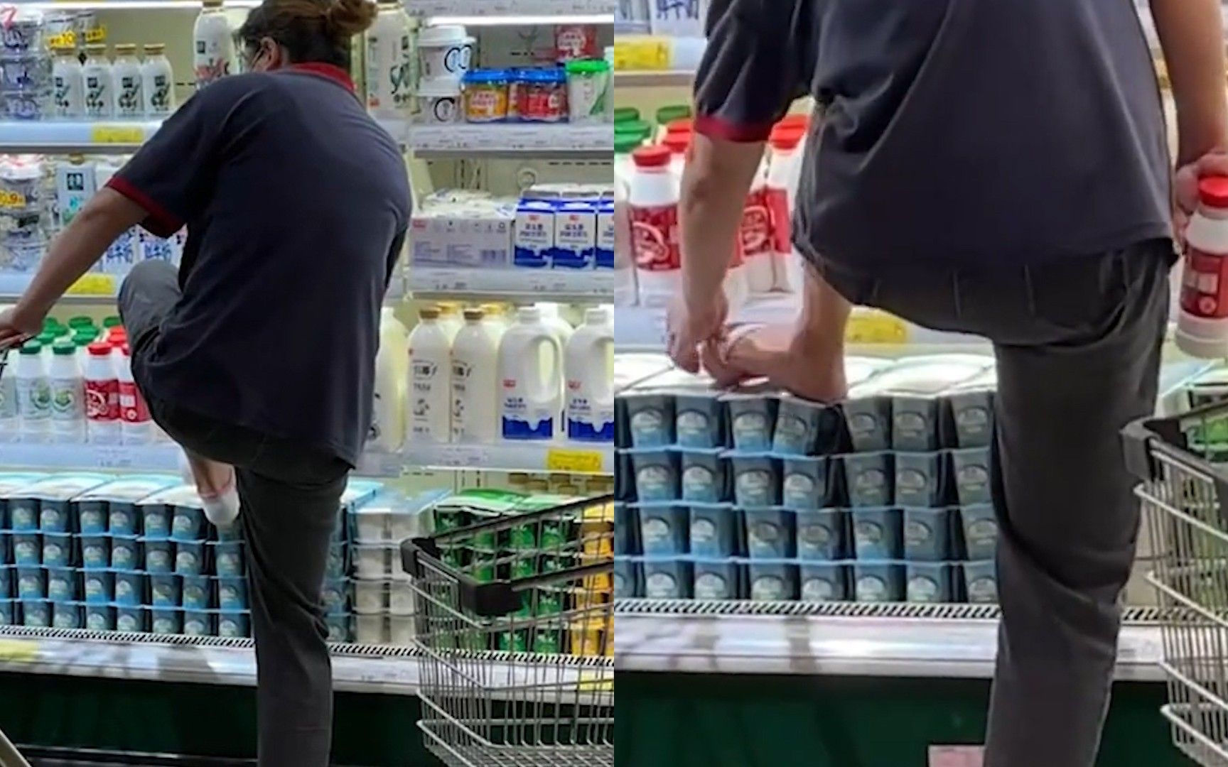 超市导购员脱掉袜子，踩在冰柜牛奶上：牛奶已销毁，员工已开除