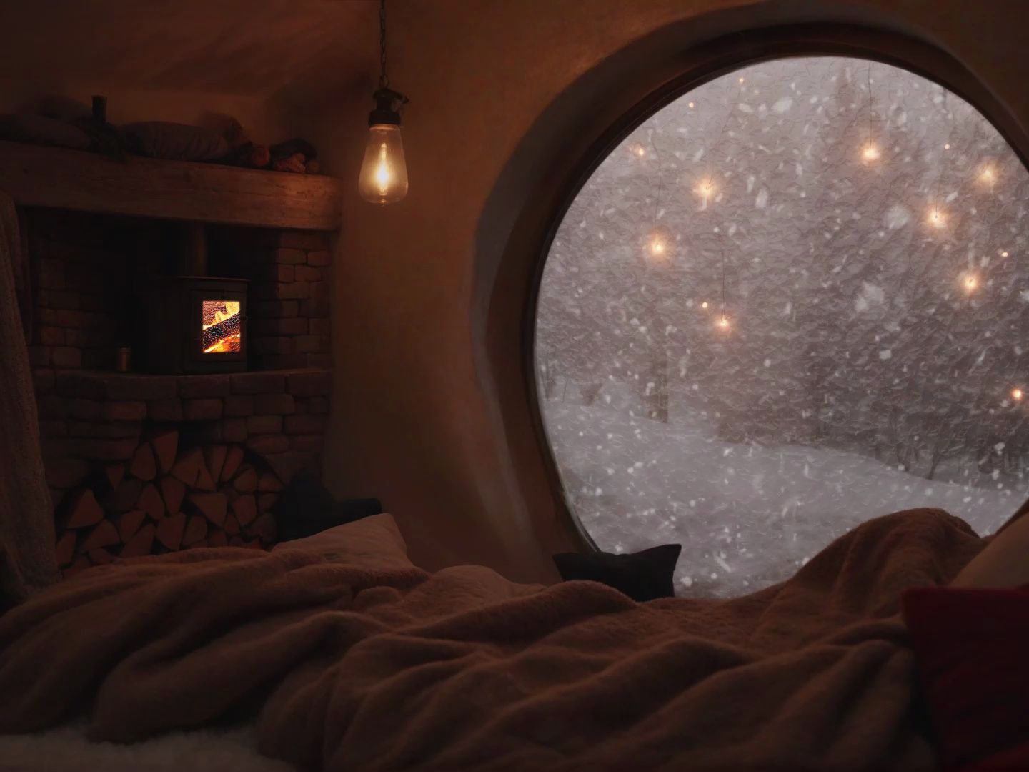 暴风雪夜，在雪坡上的舒适小屋，温暖炉火燃烧，风雪呼啸