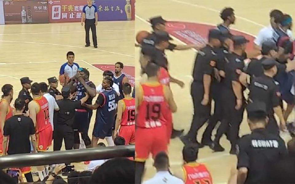 中美篮球赛上发生矛盾，几十名中国特警猛冲逼退美队，安全感爆棚。