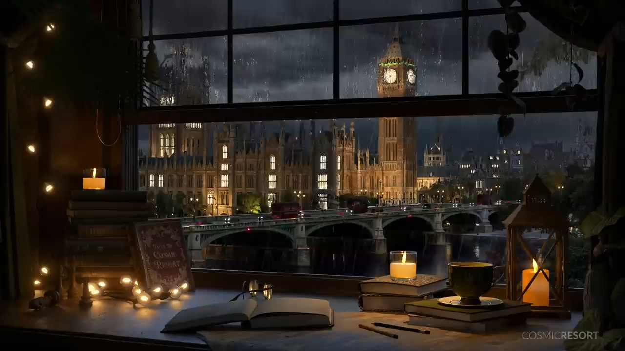 伦敦大本钟景观雨研究氛围/维多利亚时代的黑暗学院与遥远的雷暴声