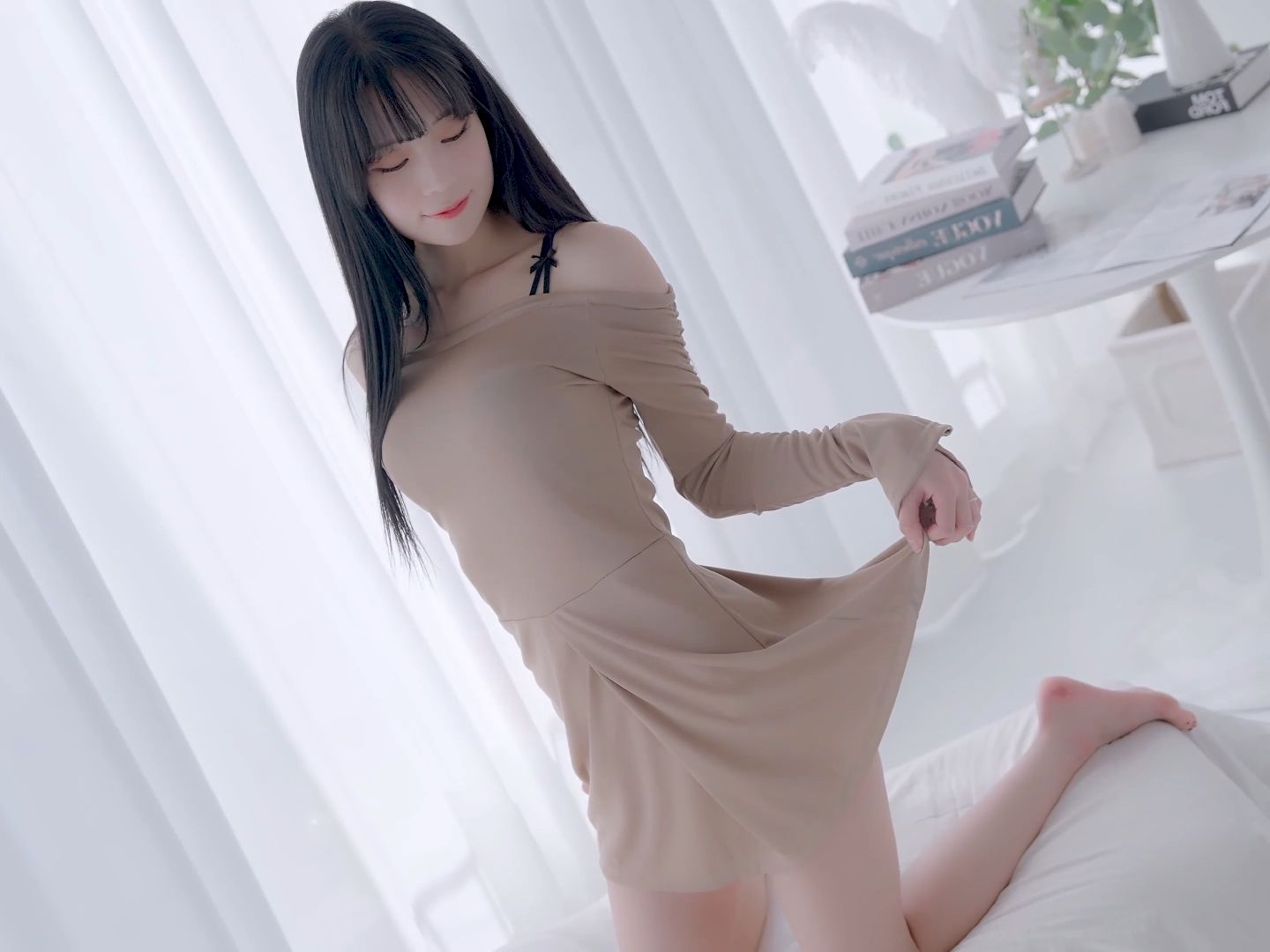 Miss HeeSol's One-Shoulder Nude Airy Dress Outfit