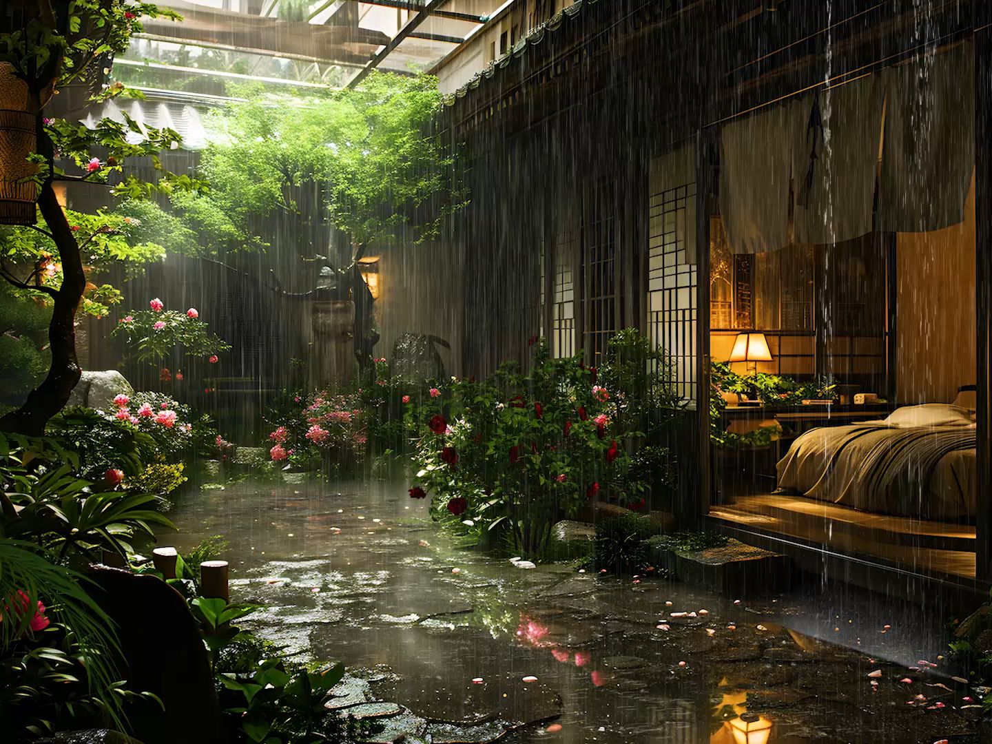 [写实]静谧的日式庭院，午后的雨天，伴随着滴答的雨声，放松入睡，白噪音助眠