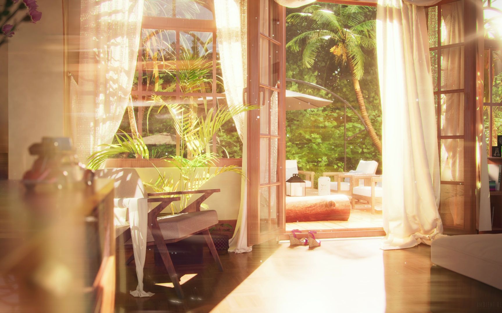 朦胧又温柔的阳光洒进客厅 梦幻般的阳光花园 伴着凉爽的微风和鸟鸣声 放松或学习的氛围 白噪音4K