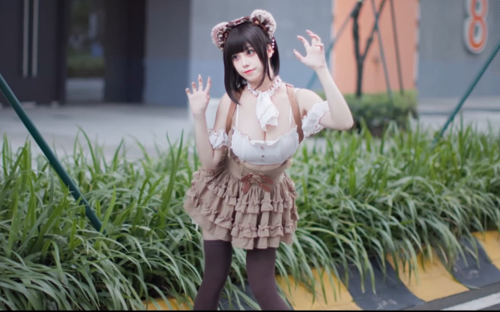 Young lady cosplaying on the road