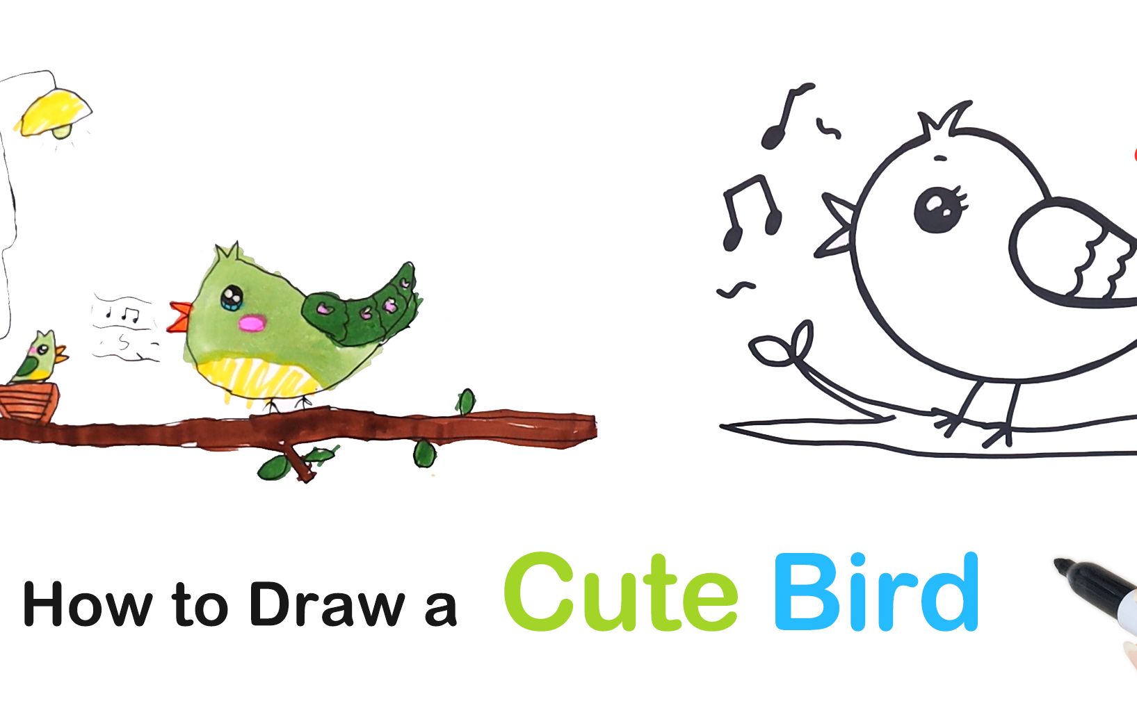 easy drawings for kids【西瓜宝宝学画画学英语】儿童绘画 小鸟简笔