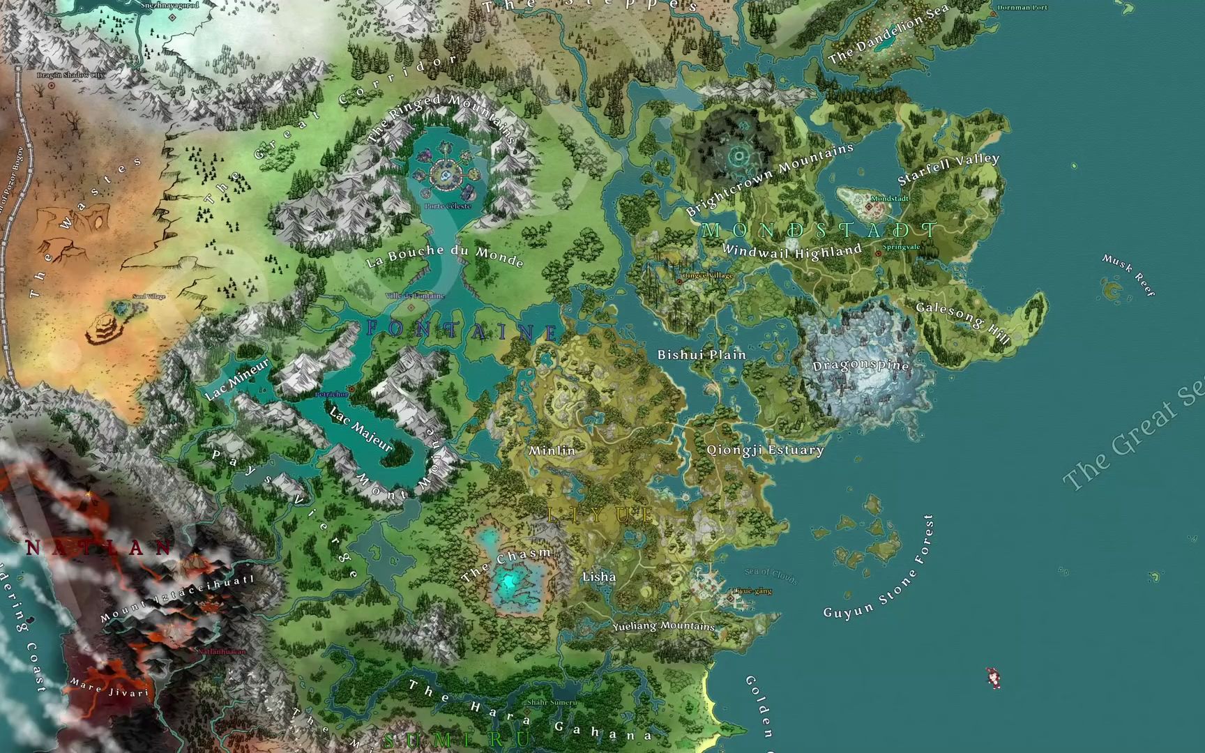 国外玩家对原神提瓦特七国完整地图的推测