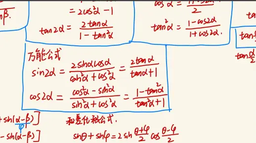 高中数学三角恒等变换二倍角公式，降幂公式，半角公式，万能公式，和差化积积化和差公式的推导#三角函数 #高一数学 #高中数学 #知识点总结 #公式推导