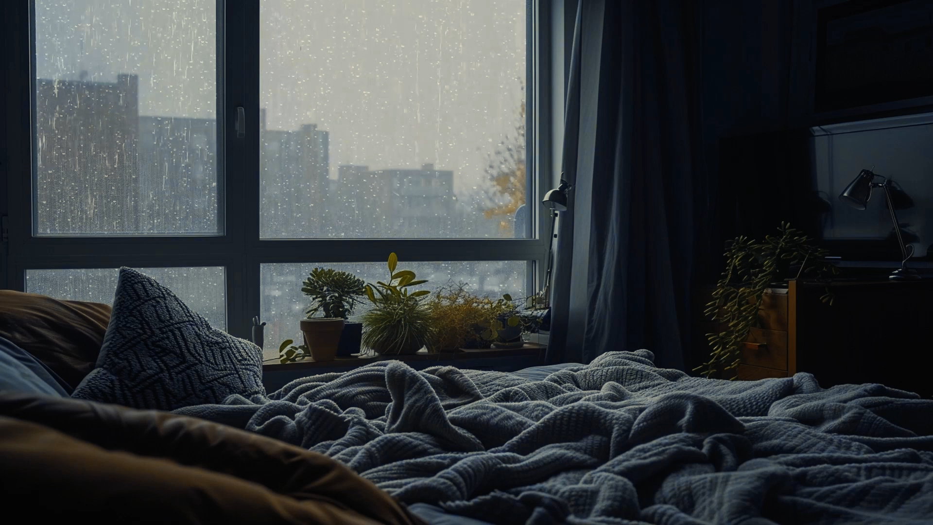 又是躺平的一天丨在舒服的床上，看着窗外下雨的高楼，听着雨声放松入睡