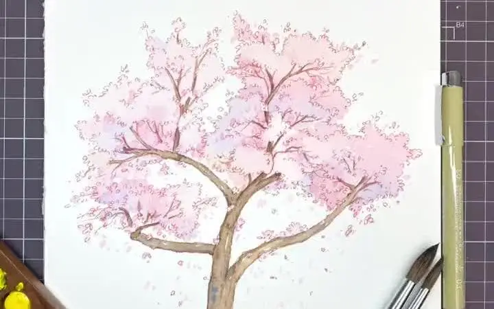 超简单的樱花树怎么画,轻松看懂,赶紧动手画起来吧!钢笔淡彩 手绘