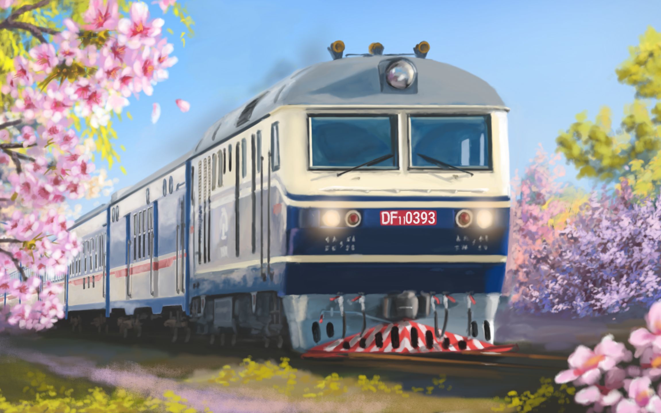 【手绘中国铁路】花海画中游——手绘DF11型内燃机车