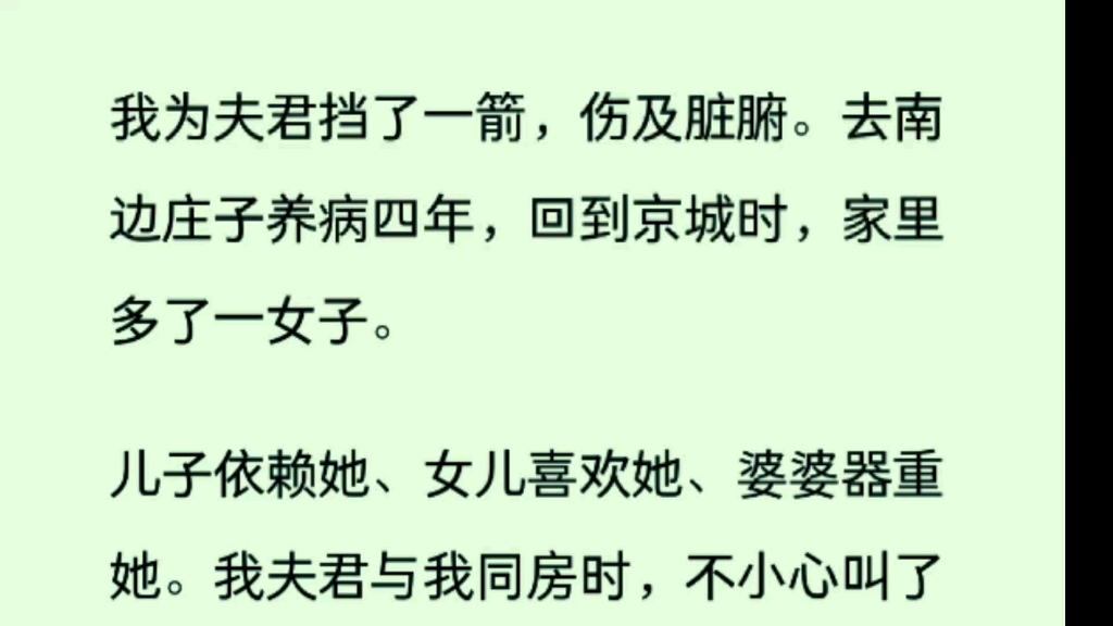 【全文】我为夫君挡了一箭，伤及脏腑。去南边庄子养病四年，回到京城时，家里多了一女子。儿子依赖她、女儿喜欢她、婆婆器重她。我夫君与我同房时......