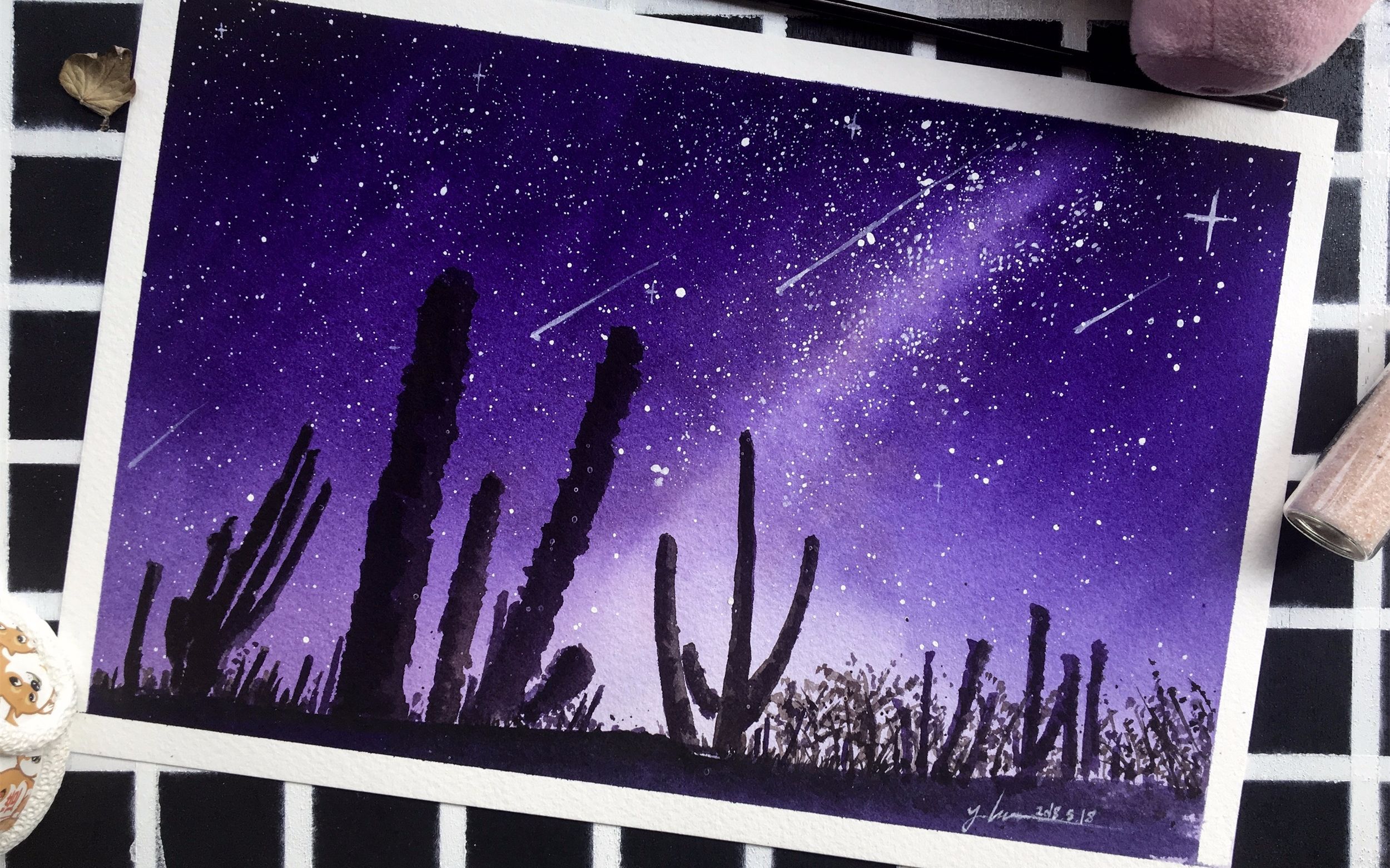 【水彩教程】水彩手绘简单风景画过程系列—仙人掌星空