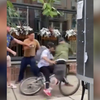 白人男子当街殴打亚裔 被另一亚裔骑车撞翻 两人将打人者打倒在地