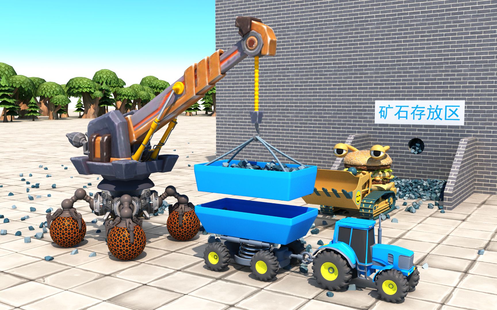 工程车动画：挖掘机、搅拌车和运输车来建造摩天轮-玩乐剧场-玩乐剧场-哔哩哔哩视频