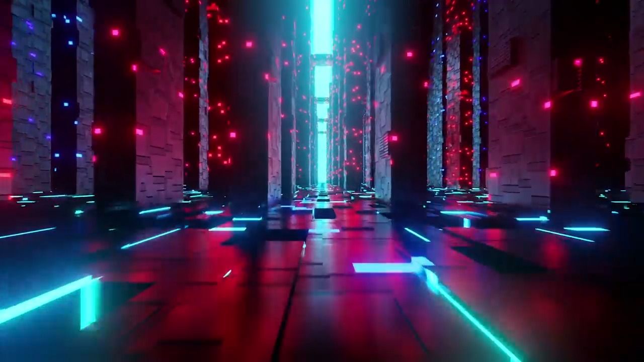 m1369 4K画质炫酷3D科幻科技未来赛博朋克城市街道街景夜景酒吧大屏幕舞台led背景素材视频