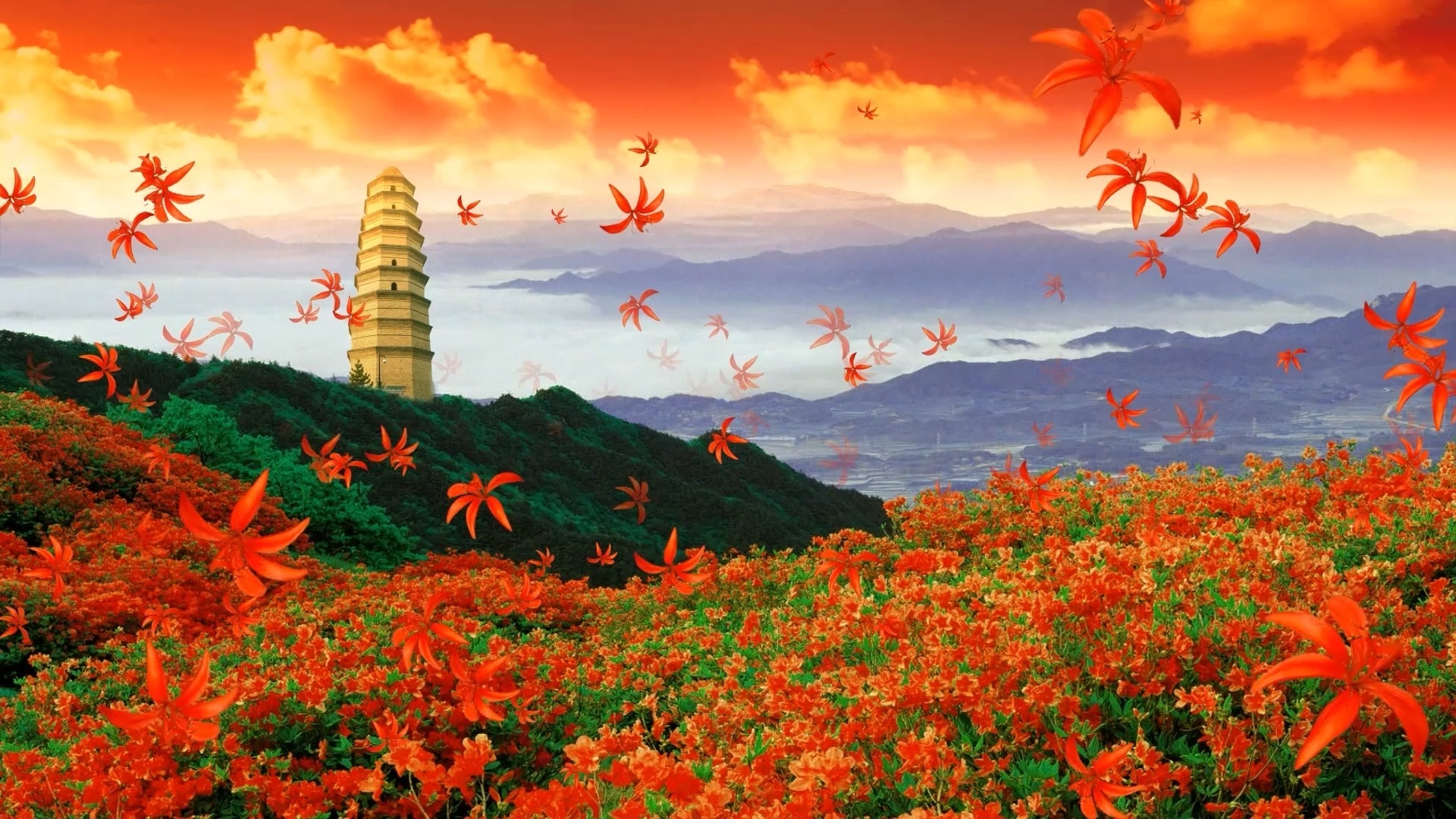 映山红歌曲伴奏红歌红花漫山遍野LED舞台舞蹈演出大屏幕背景视频素材