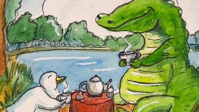 绅士鳄鱼与优雅小鸭在河畔共度茶会