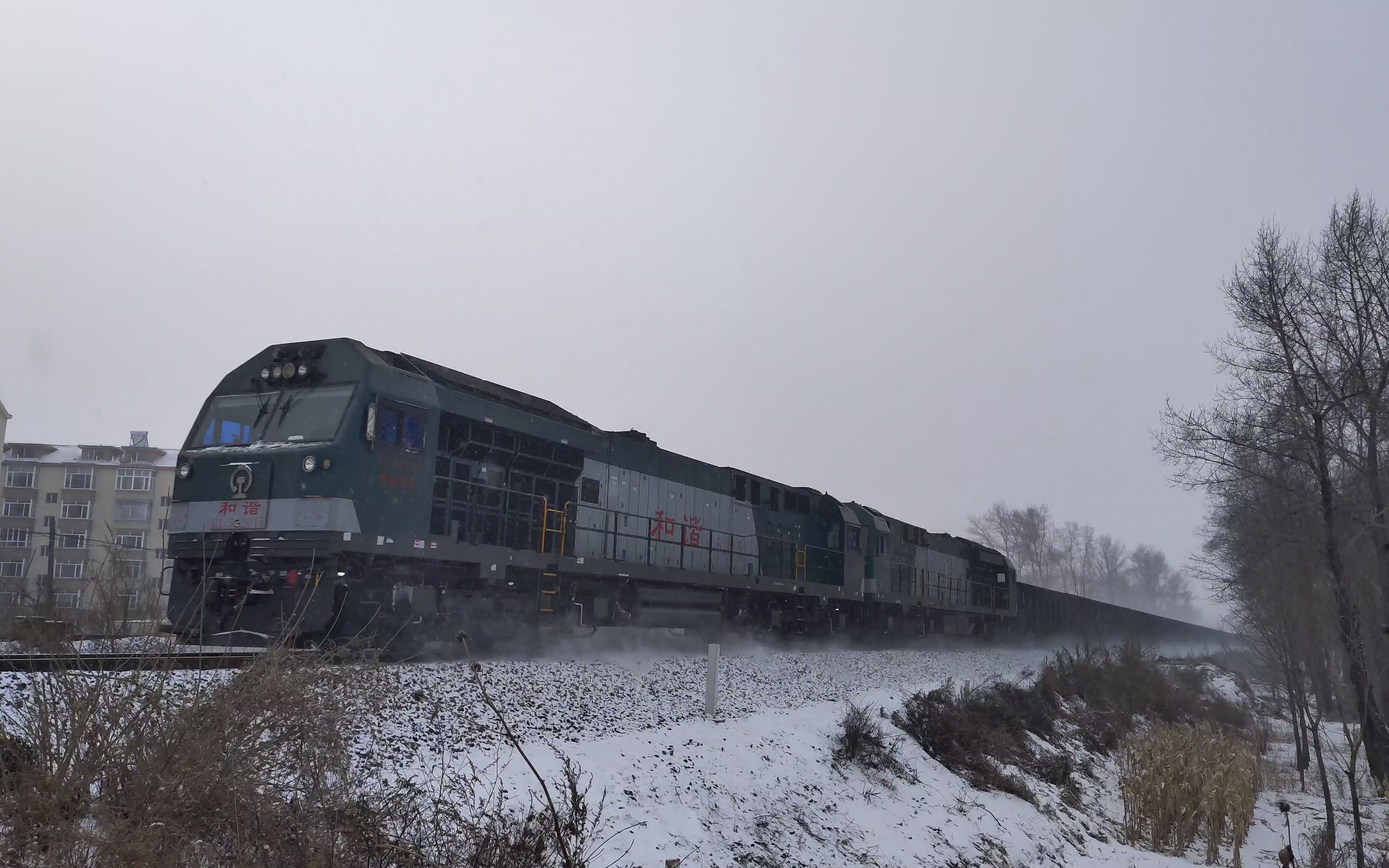 中国铁路2022214沈吉线86831本务hxn52015重联hxn52034牵引踏雪驶来