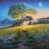 【丙烯画】鲜花盛开的小路通向背靠大树的小屋，这是你心中的梦中情屋吗？