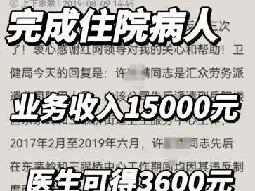 看我们这的医生维权曝的料，完成住院病人的业务收入15000元，医生可得3600元，知道为什么看病贵了吗？这种黑暗的医疗环境关系到你、我、他，扩散～