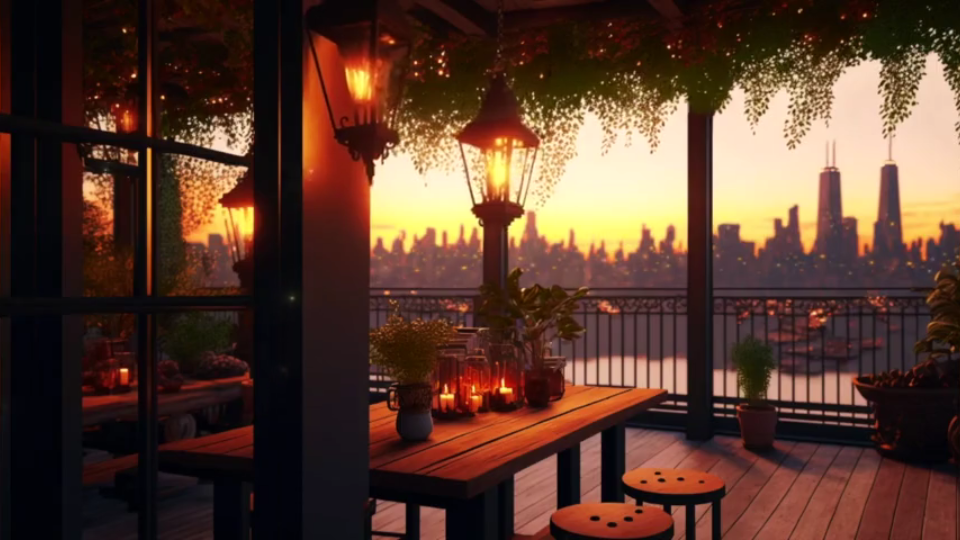 【ASMR咖啡厅氛围爵士乐】| 日落的纽约市屋顶咖啡馆 | 遥望纽约市宁静的Skyline