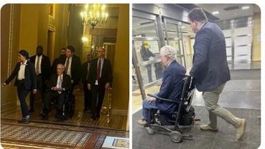 权力的傀儡，美国建制派领袖<em class="keyword">米奇</em>·<em class="keyword">麦康奈尔</em>最近又摔了，但他即使坐轮椅也要坚持上班