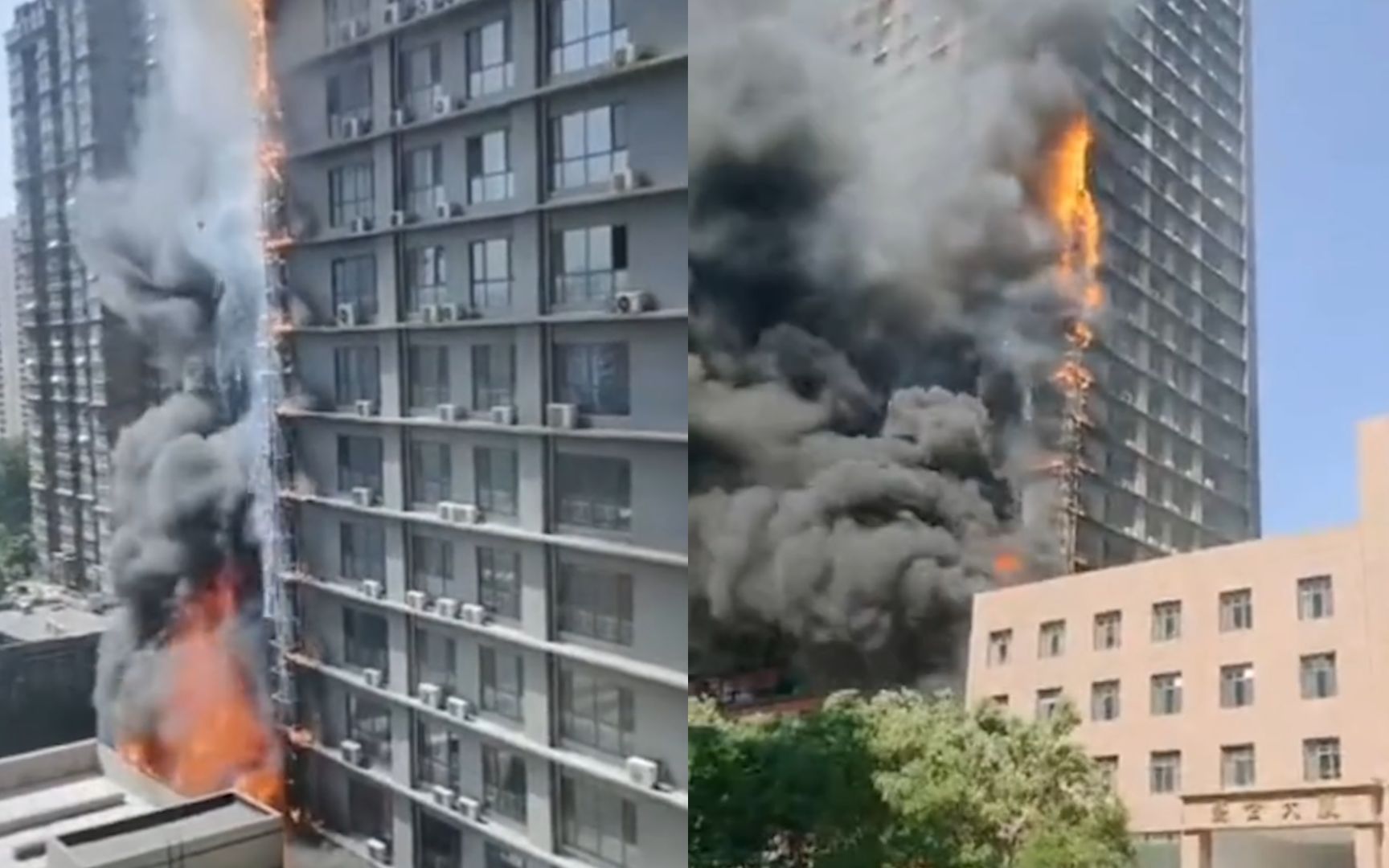 现场！石家庄一高层建筑突发大火：大楼冒出黑烟 火焰顺楼而上！