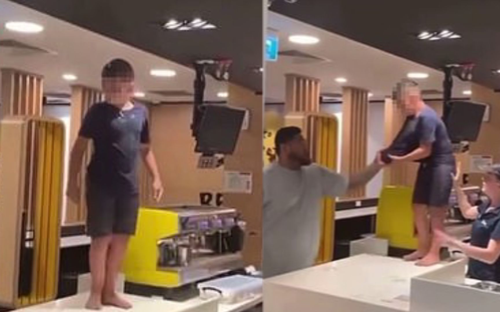澳大利亚一熊孩子大闹快餐店向店员泼奶昔，被一男子拽着扔出店外