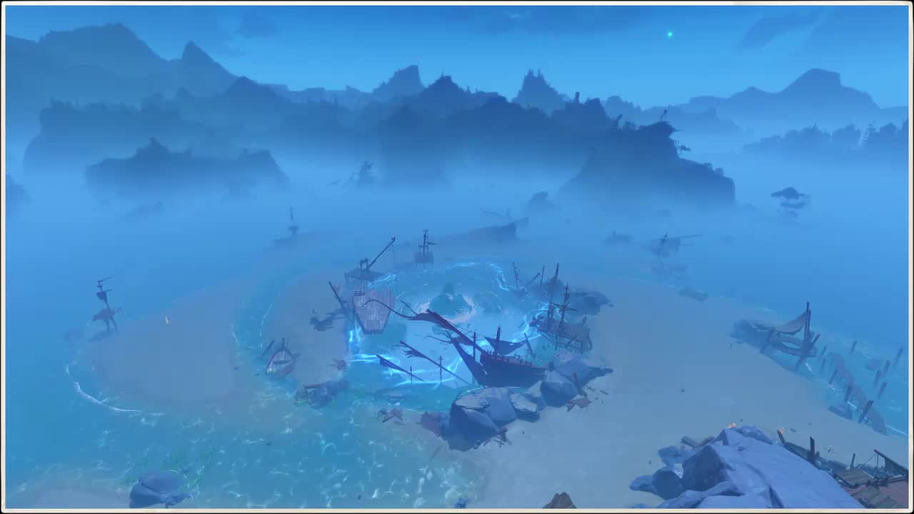 场景-沉船漩涡-夜（帆船的揽绳挂着水珠串串）