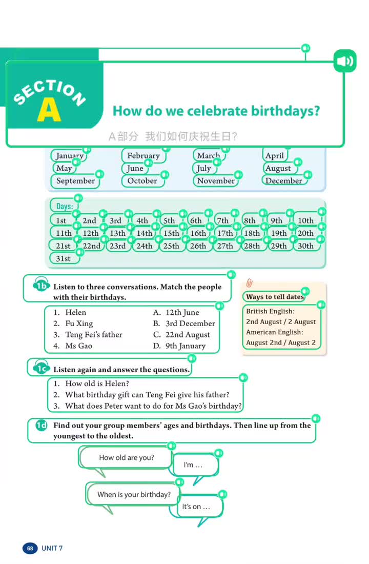 UNIT 7(p.68) 1a 月份和日期