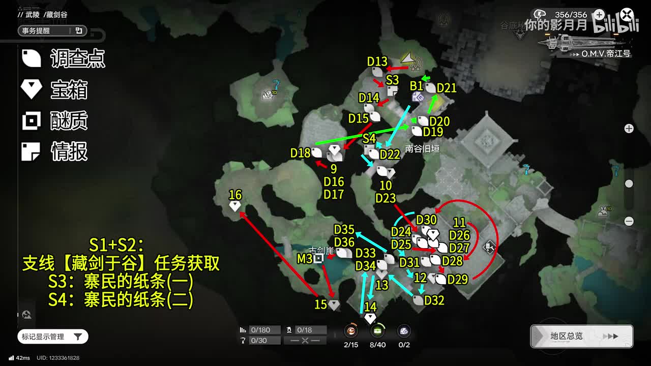 古剑崖 共8个(9-16)醚质3 调查点13-36 情报3-4 装备箱1【古崖论剑】