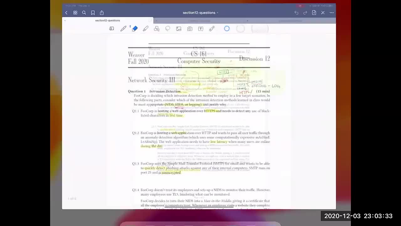 CS 161 Discussion Walkthrough 11 - Intrusion Detection, Denial-of-service (DoS)-