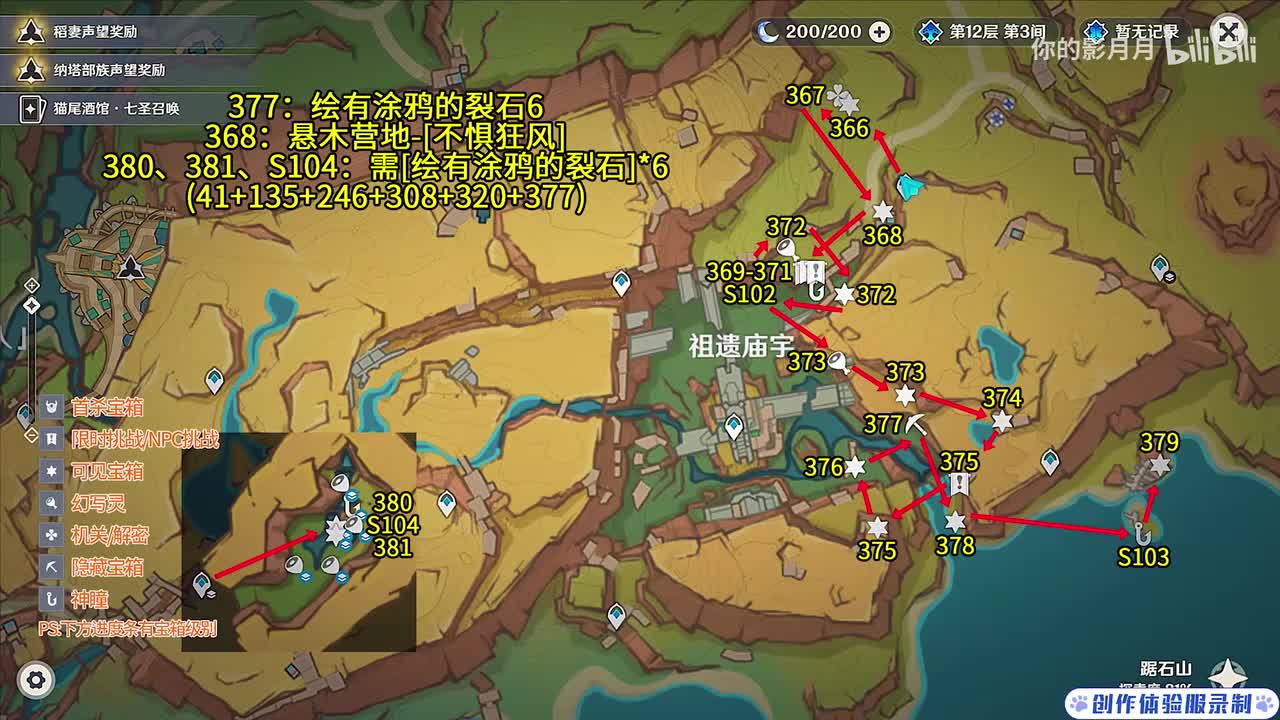 祖遗庙宇(2) 共16个(366-381)成就数379 神瞳102-104 绘有涂鸦的裂石6