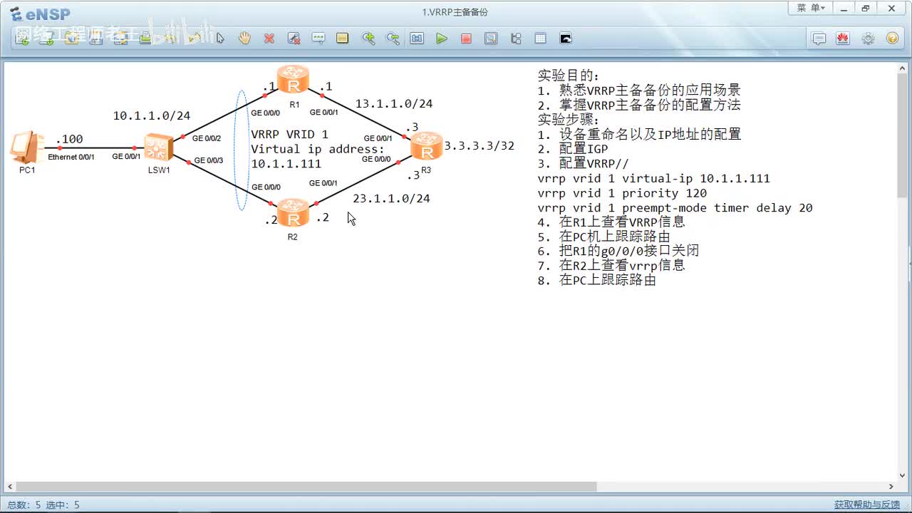 HCIP实验：14.1 VRRP主备备份