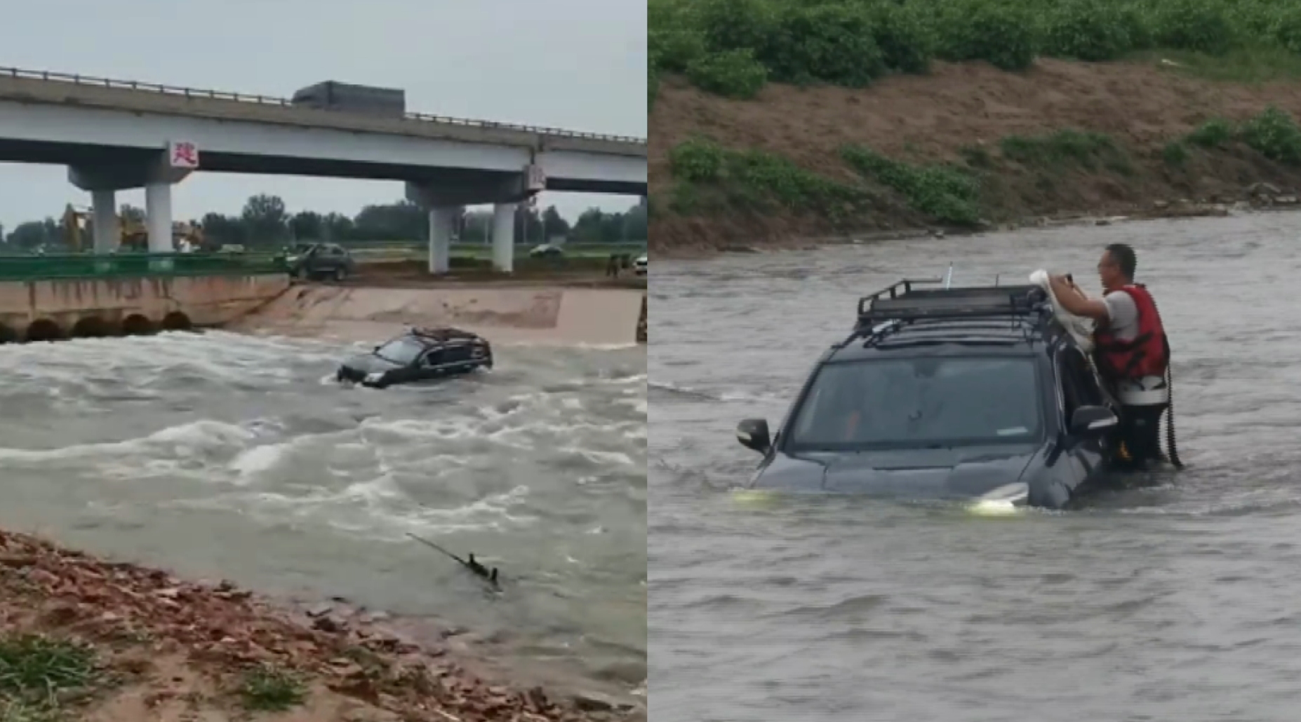 [图]暴雨后男子开越野车渡河，刚下水就被冲走，围观群众合力拉上岸