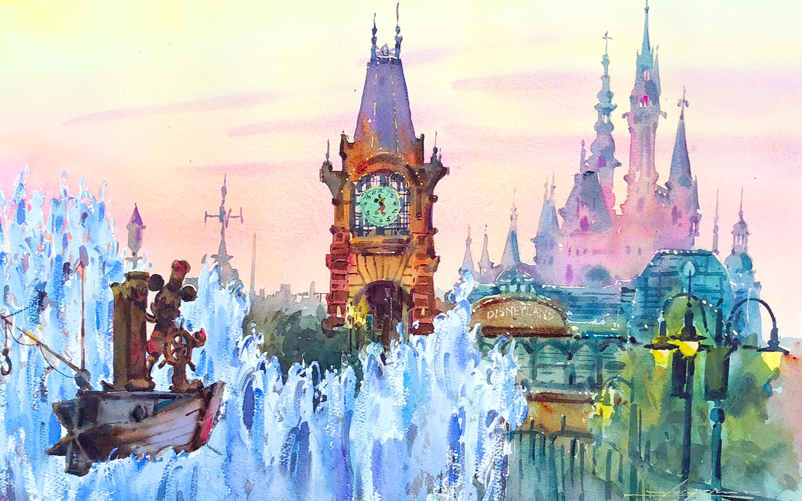 【水彩】超大尺寸梦幻迪士尼乐园城堡场景水彩示范过程