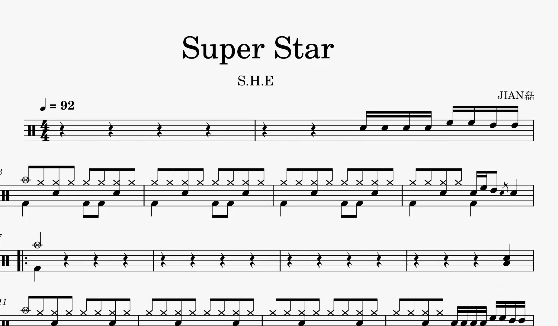 h.e《super star》架子鼓动态鼓谱(简单版)