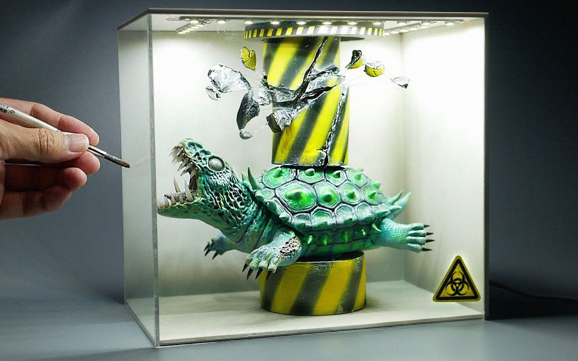 【手工】大佬制作「实验室里变异丧尸龟vs液压机」逼真粘土场景 | 作